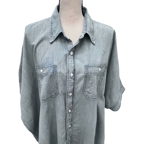 R13 FADED DENIM BLUE OVERSIZED BOXY BUTTON UP SHORT SLEEVE SHIRT - Picture 6 of 16